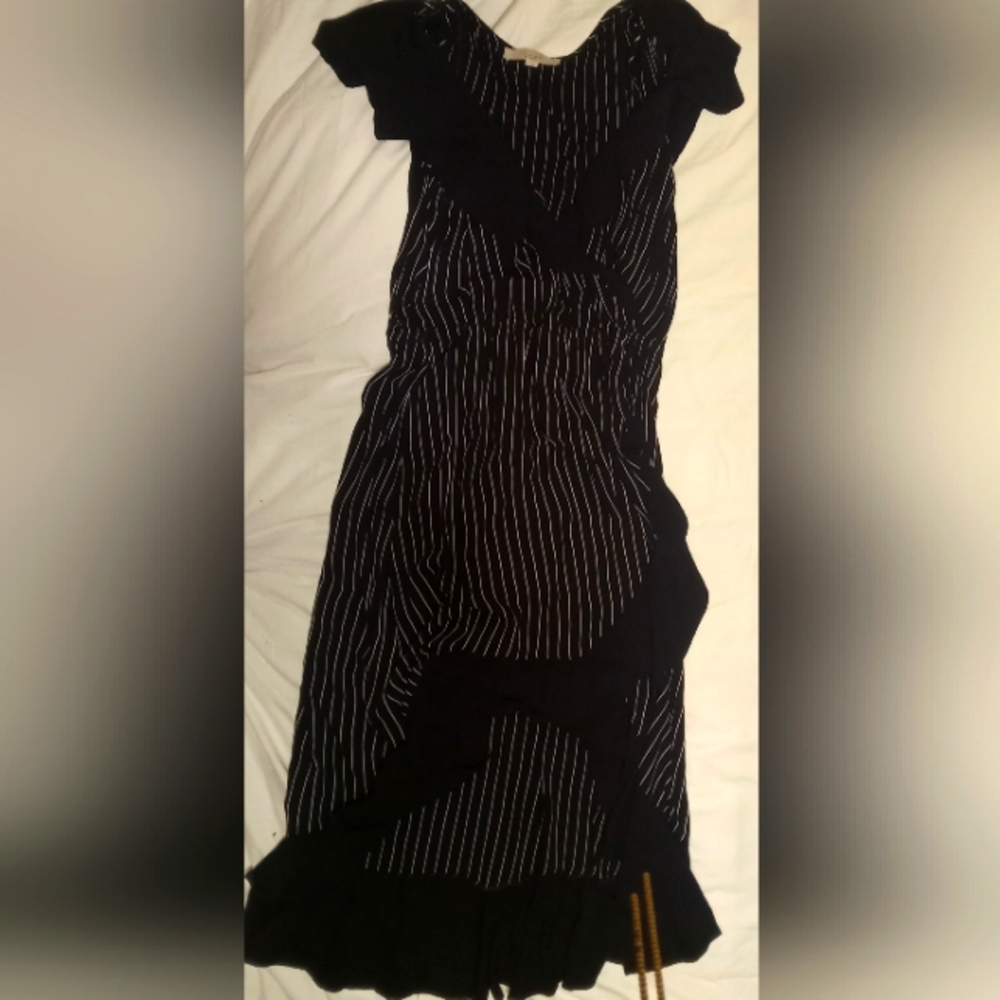 Women navy blue white pinstripe high low dress